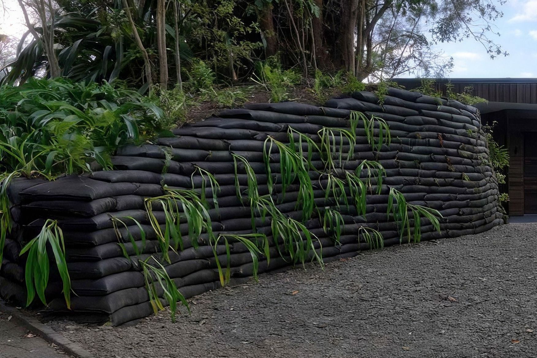 EcoWall soil bag retaining wall planted with greenery